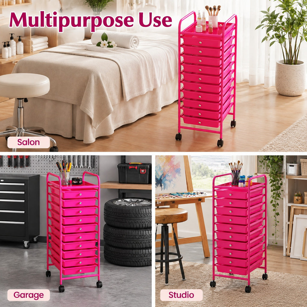 Airfind 10 Drawer Rolling Storage Cart Organizer with 4 Universal Casters, 3 lbs Capacity, Steel Plastic Frame, Pink
