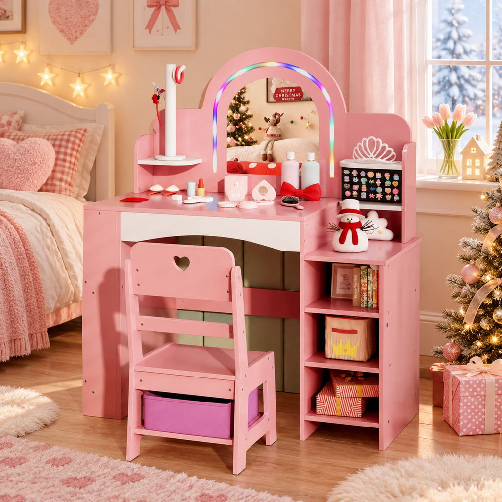 Airfind Kids Vanity Set with Colorful LED Lights Princess Makeup Dressing Table with Chair, 110 lbs Capacity, MDF Frame, 34in x 15.5in x 41in Footprint