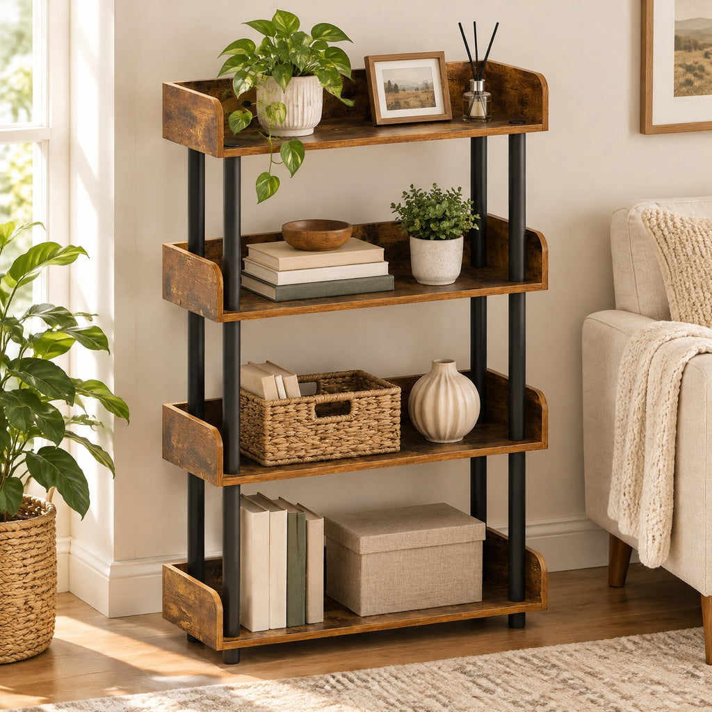 Airfind 4-Tier Bookshelf Open Bookcase with Anti-Tipping Kit Industrial Storage Unit, 33 lbs Capacity, Engineered Wood PE PP Frame, Brown