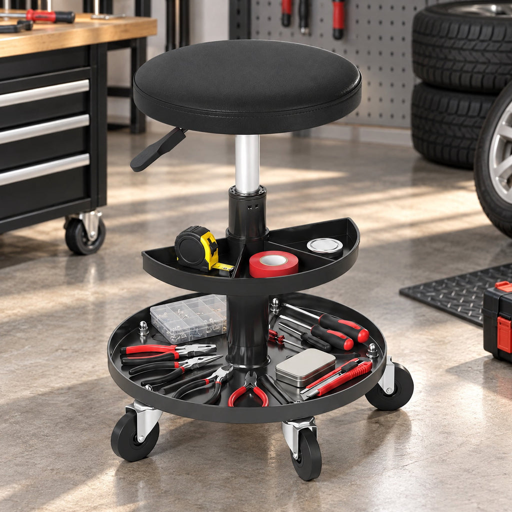 Airfind 16.5-22 Adjustable Height Seat Rolling Mechanic Stool with Wheels, 265 lbs Capacity, PU Leather Frame, 15 x 15 x 16.5-22 Footprint