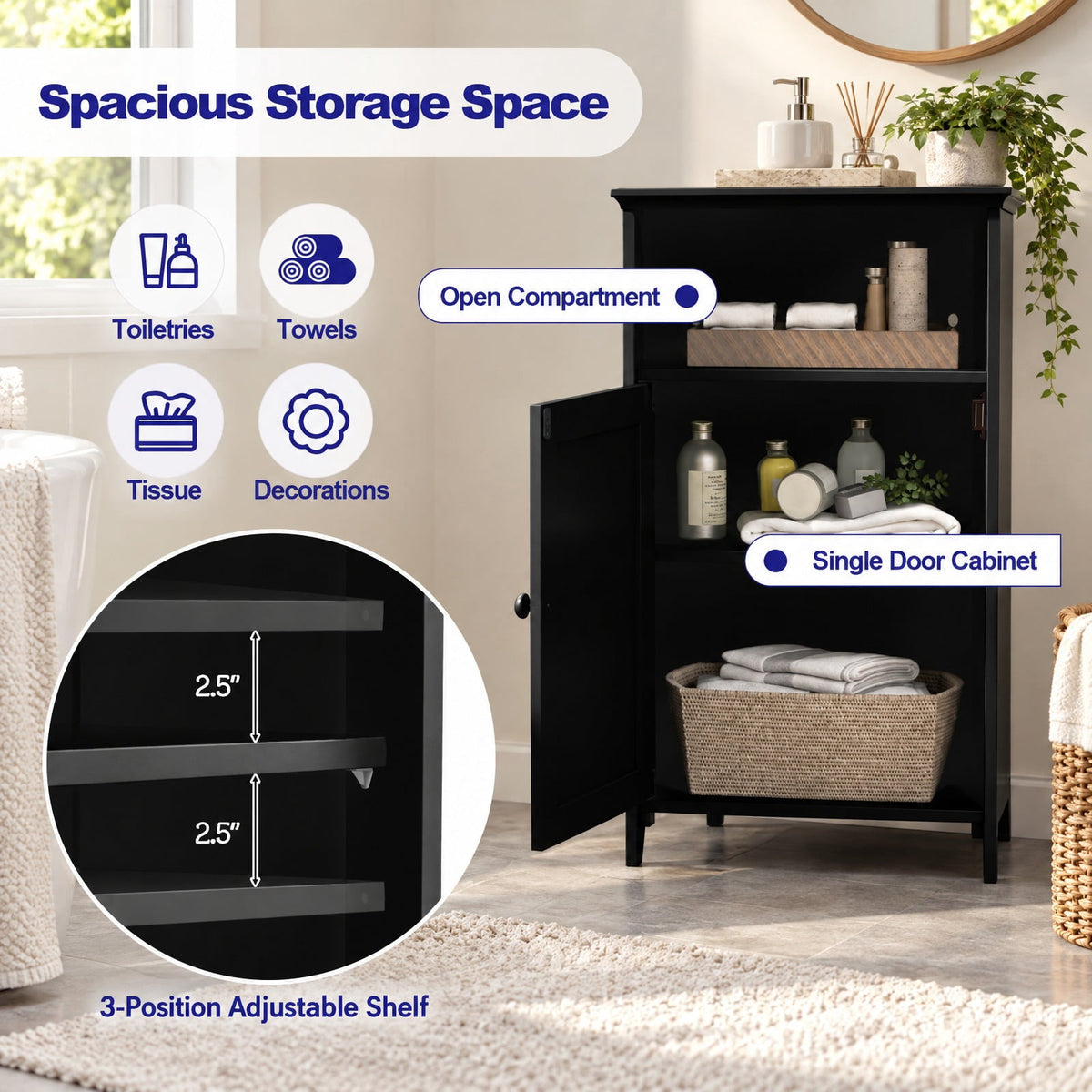 Airfind Bathroom Freestanding Floor Storage, Cabinet with Adjustable Shelf, MDF Frame, 16 Inch x 12 Inch x 27.5 Inch Footprint, Black