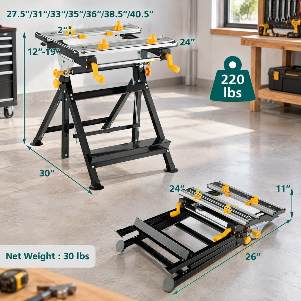 Airfind Folding Work Table with Tiltable Platform and 7-level Adjustable Height, 220 lbs Capacity, Aluminum Metal Frame, Black