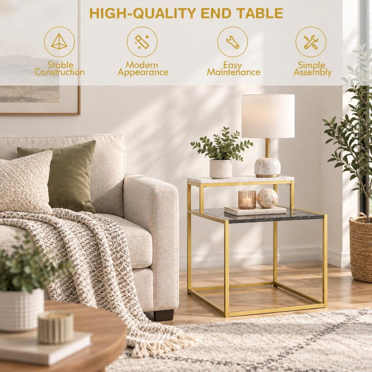 Airfind 2 Tier End Side Table with Metal and Storage Shelf for Living Room, 66 Lbs Capacity, Metal Mdf, 24 Inch X 18 Inch X 22 Inch, White