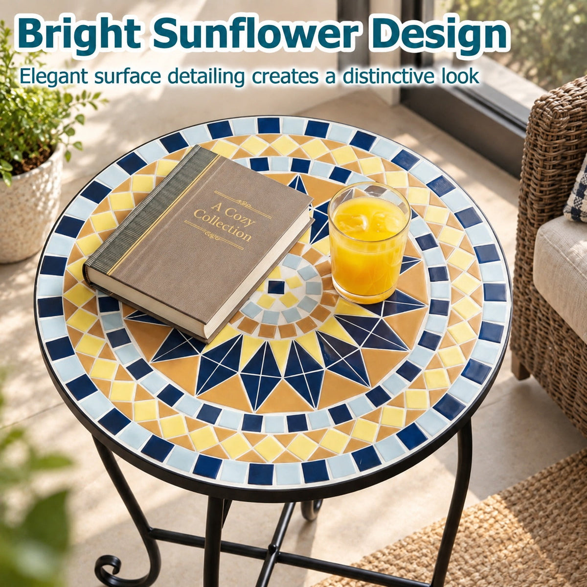 Airfind 14 Inch Floral Clover/Blooming Lotus/Bright Sunflower Mosaic Patio Accent Coffee End Table, 35 lbs Capacity, Metal Frame, 14 Inch x 20 Inch Footprint