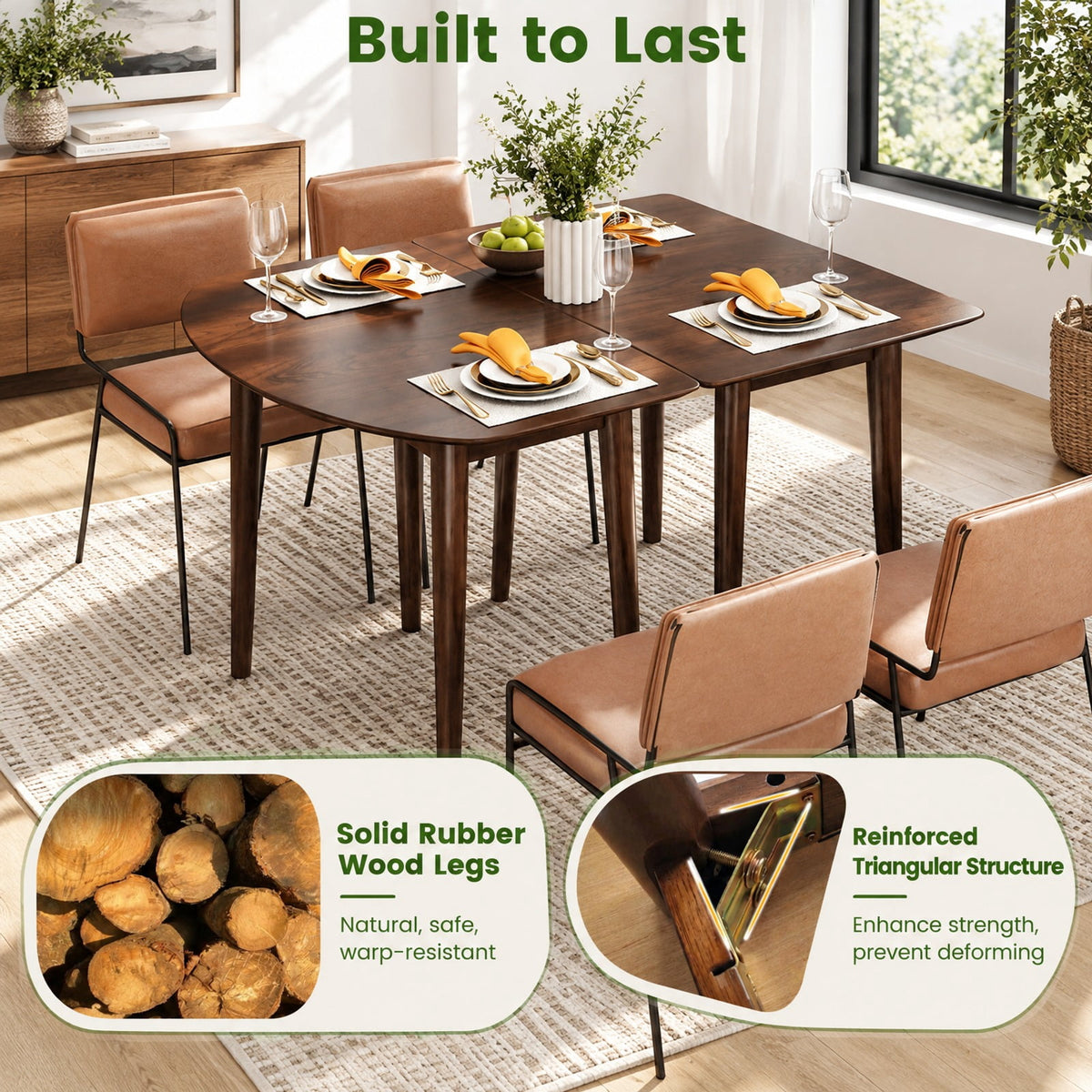 Airfind Extendable Oval Dining Table Set with 2 Half-Round Tables for 4-6 People, 260 lbs Capacity, MDF Rubber Wood Frame, Walnut