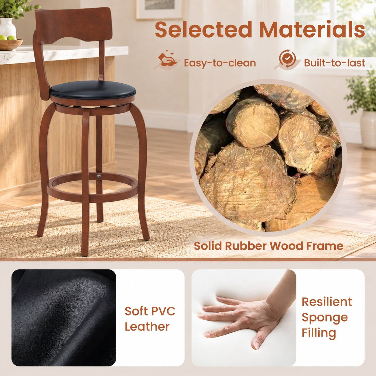 Airfind Swivel Bar Stools Set of 2 with Rubber Wood Frame and Upholstered Seat-29 Inch, 286 lbs Capacity, Rubber Wood Sponge PVC Frame, Wood
