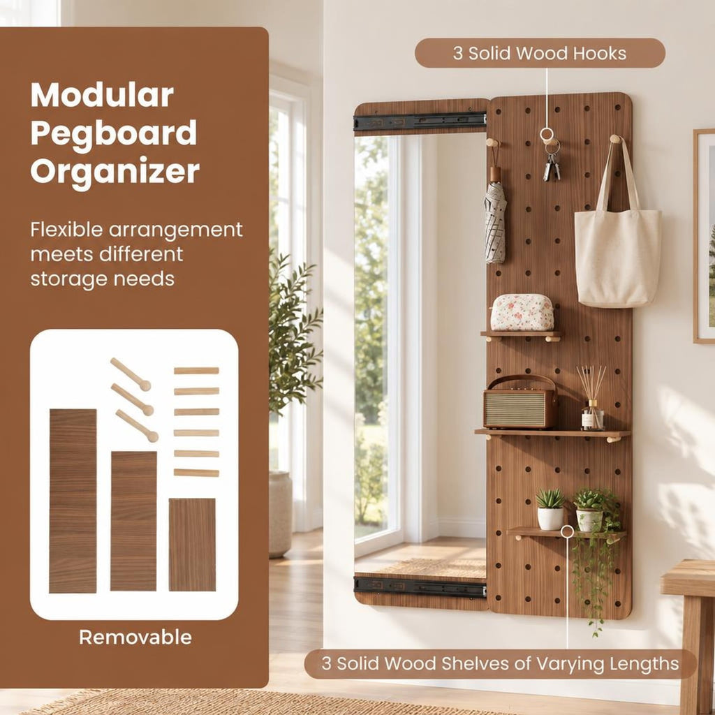Airfind Solid Wood Full Length Mirror with Pegboard Shelves and Hooks for Entryway, Solid Wood Glass Frame, 16 x 5.5 x 55 Footprint, Brown