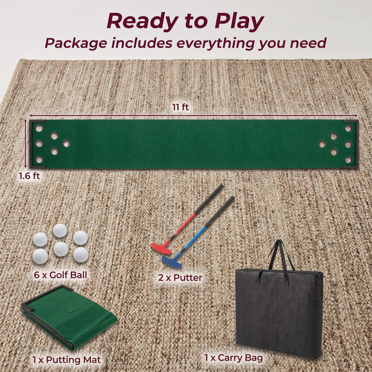 Airfind 11 FT Indoor Outdoor Golf Putting Green Mat Set with 2 Adjustable Putters and 6 Balls, Carry Bag Included, Green