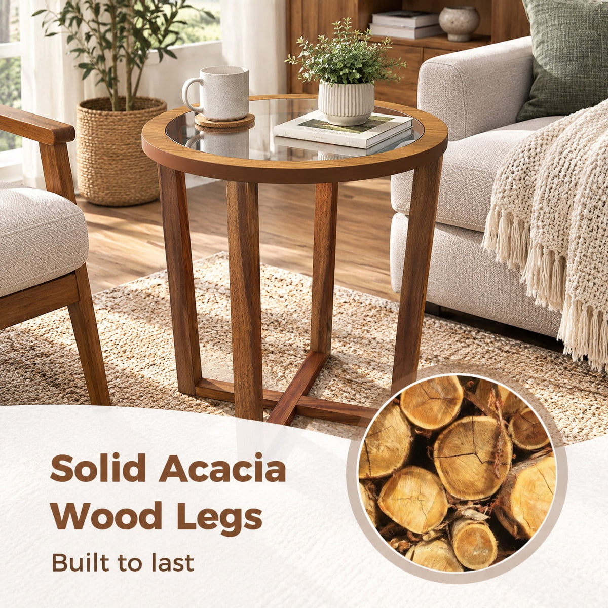 Airfind Modern Round End Table Sofa Side Table with Transparent Tempered Glass Top, 90 lbs Capacity, Tempered Glass Acacia Wood MDF Plywood Frame