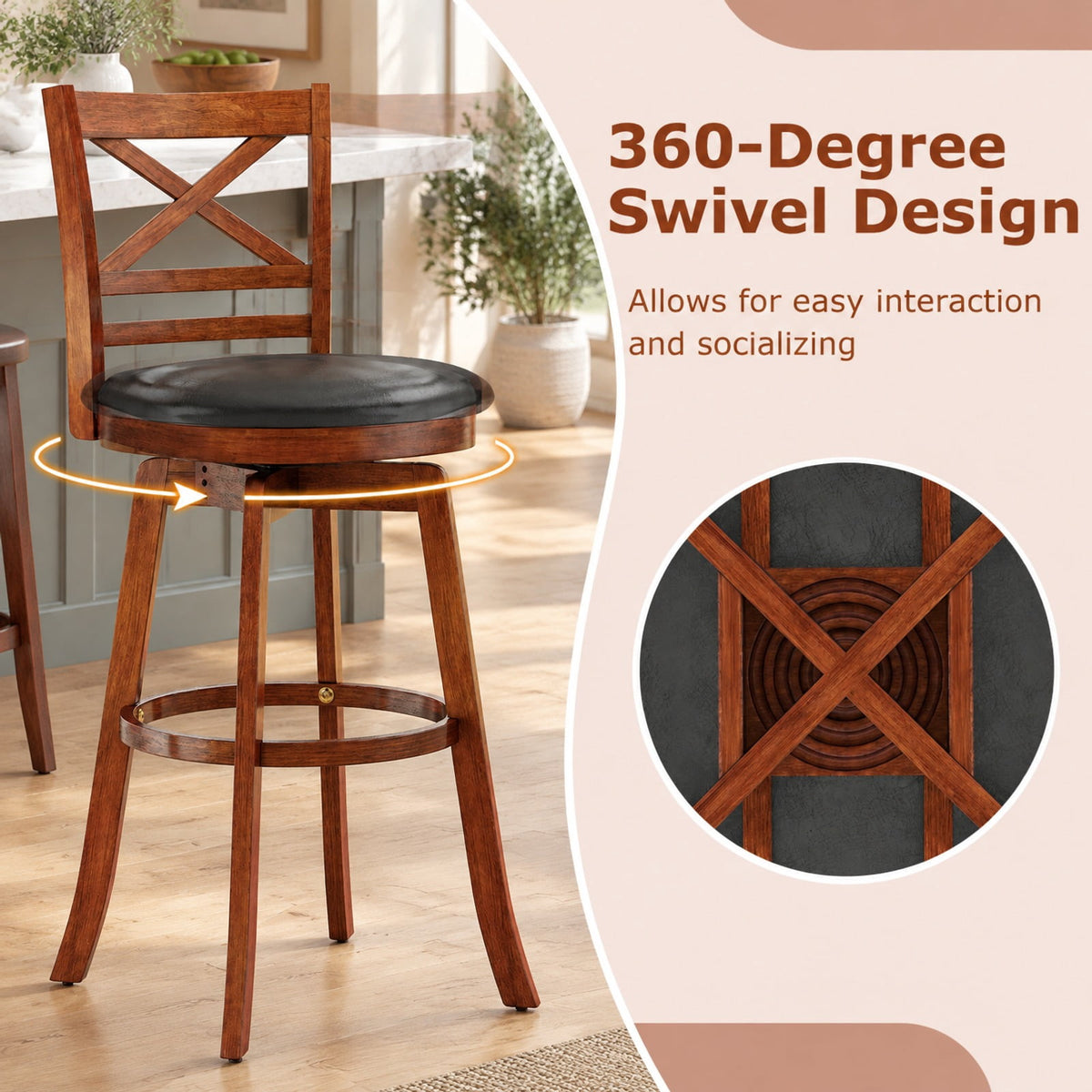 Airfind Swivel Barstools Set of 2 with Backrest and Footrest-29 Inches, 350 lbs Capacity, Rubberwood PU MDF Sponge Frame, Antique Walnut + Black