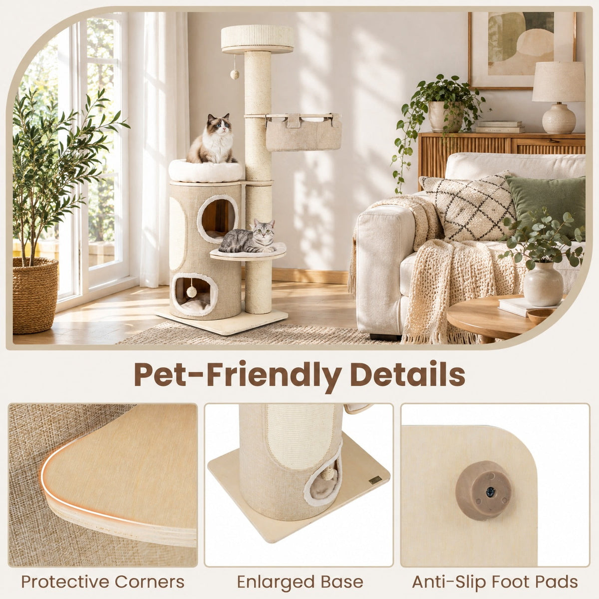 Airfind 61 Inches Cat Tree for Indoor Cats with 2-stoery Condo and Top Perch, 33 lbs Capacity, Natural