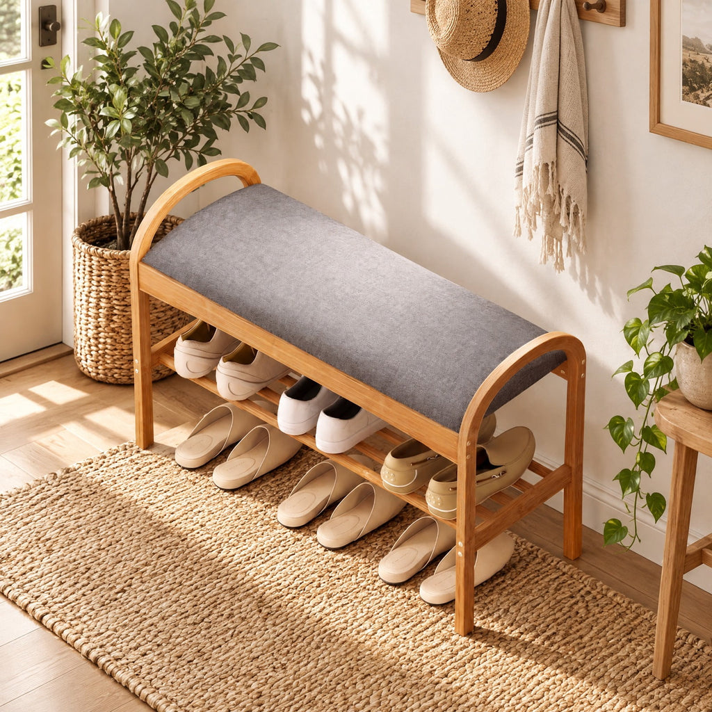 Airfind 2-Tier Bamboo Shoe Bench with Padded Cushion and Shelf, 330 lbs Capacity, Bamboo Polyester Fabric Sponge Frame, Gray