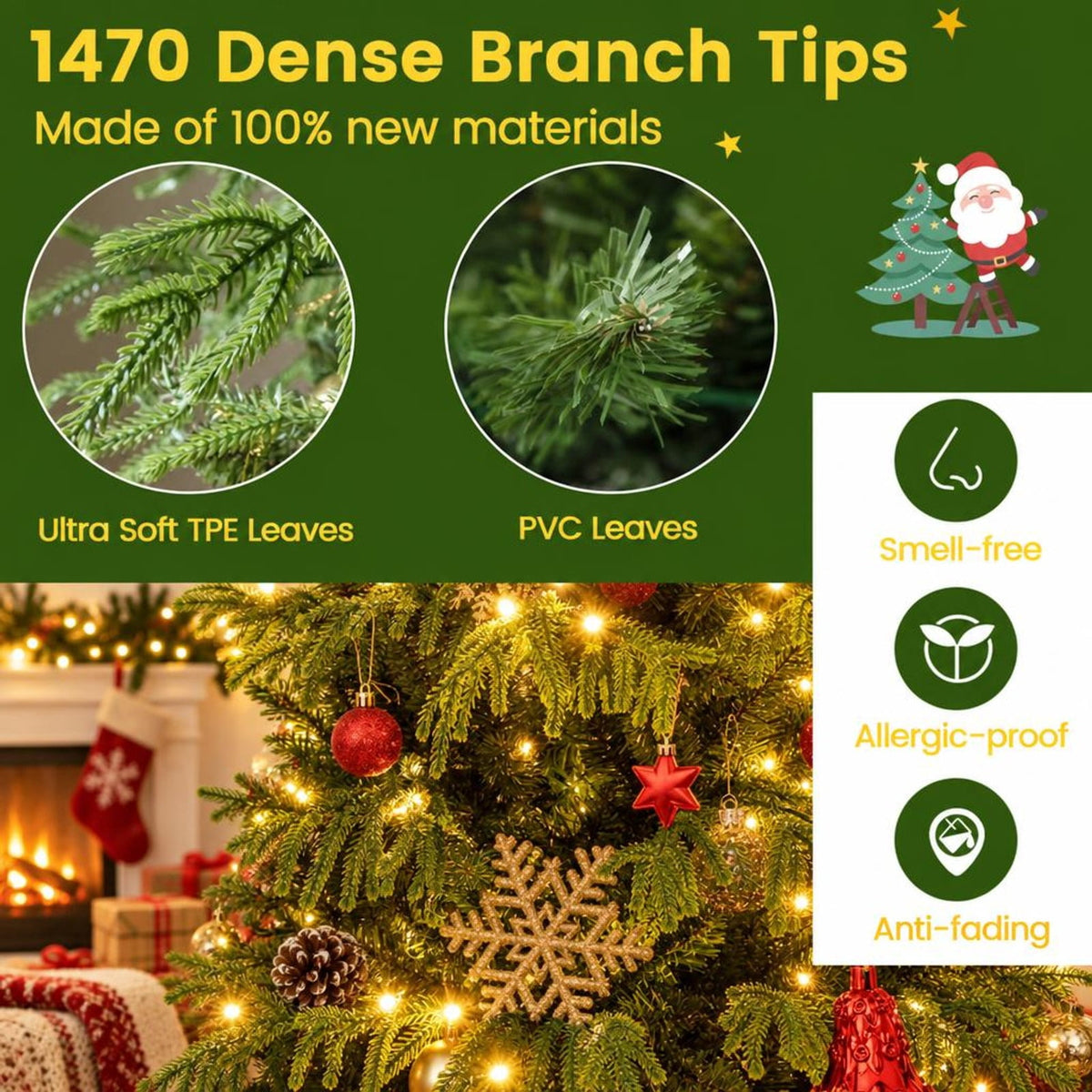 Airfind Artificial Christmas Tree with LED Lights and PVC Mixed Branch Tips-8 Feet, Green, Diameter of Stand 18 Inch /18 Inch /24 Inch