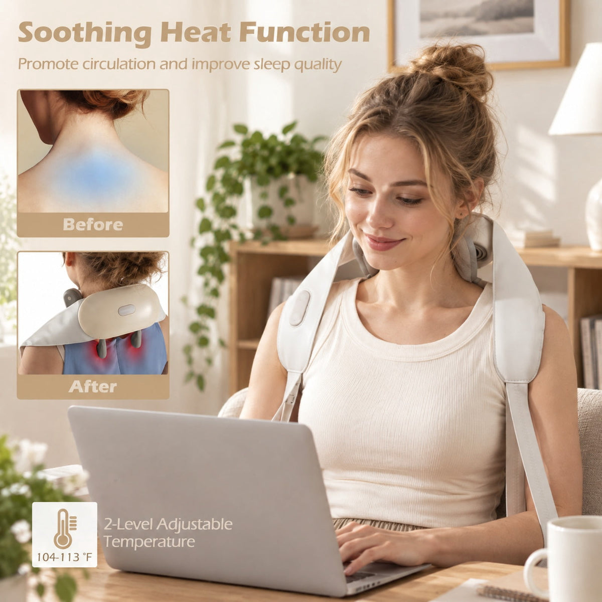 Airfind Neck Shoulder Massager with 2 Heat Levels for Pain Relief, PU ABS Silicone Frame, 8 x 20 x 5.5 Footprint, Beige