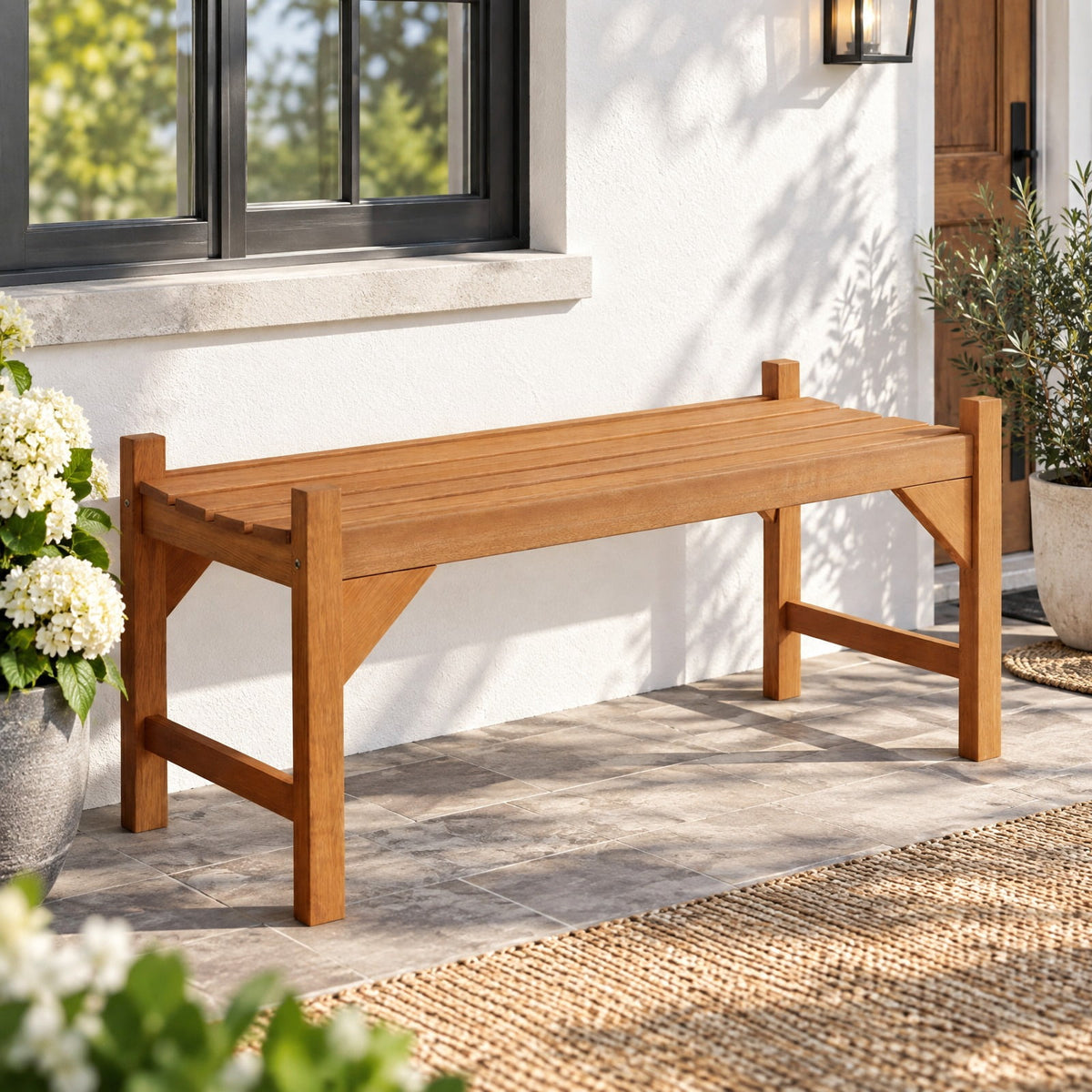 Airfind 40 Inch Outdoor Bench with Slatted Contoured Seat for Deck Entryway-1 Piece, 530 lbs Capacity, Solid Hardwood Frame, Natural