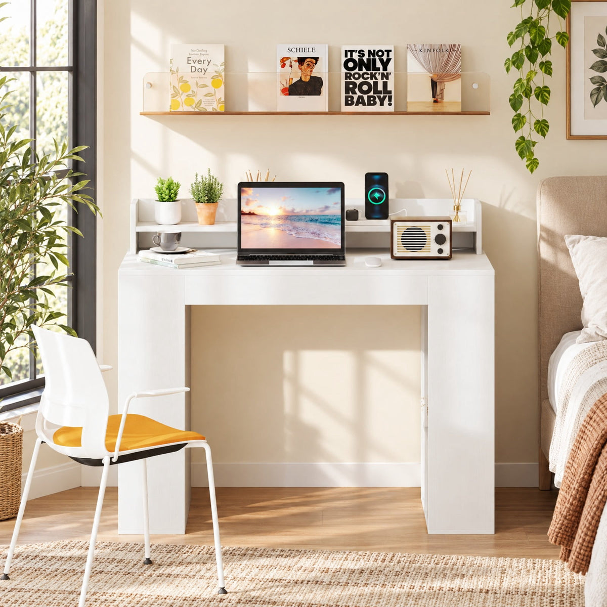 Airfind 43 Inch Computer Desk with Power Outlets and 2 Bookcases, 200 lbs Capacity, Engineered Wood Frame, 43 Inch x 22 Inch x 37 Inch Footprint, White