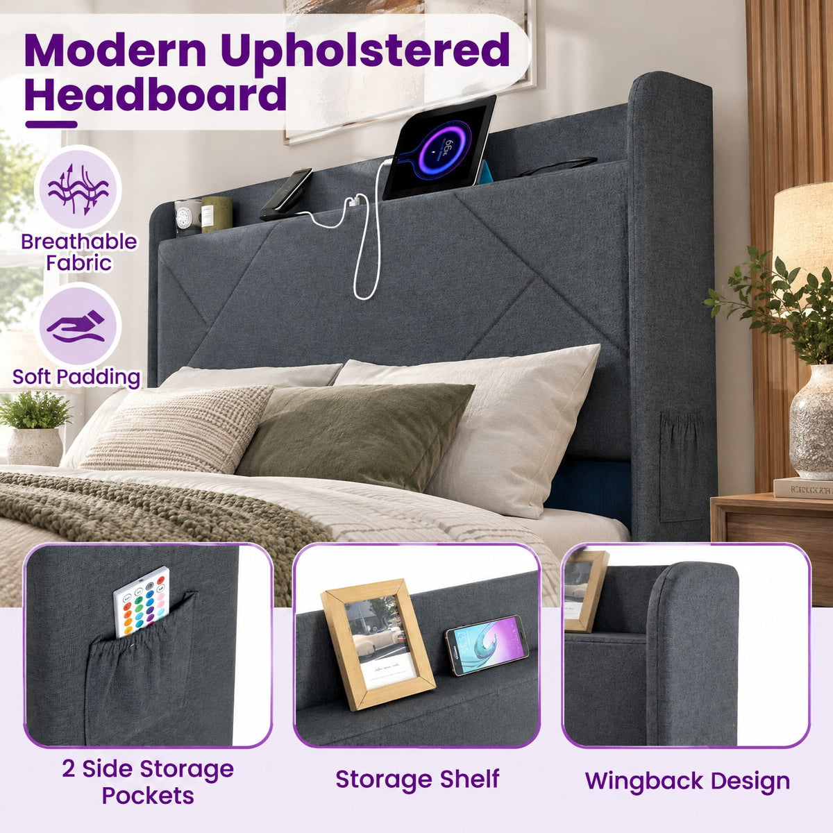Airfind Full/Queen Size Bed Frame with LED Lights and Charging Station, 1100 lbs Capacity, 82.5 x 57 x 48 Bed Platform 75 x 54.5 Footprint