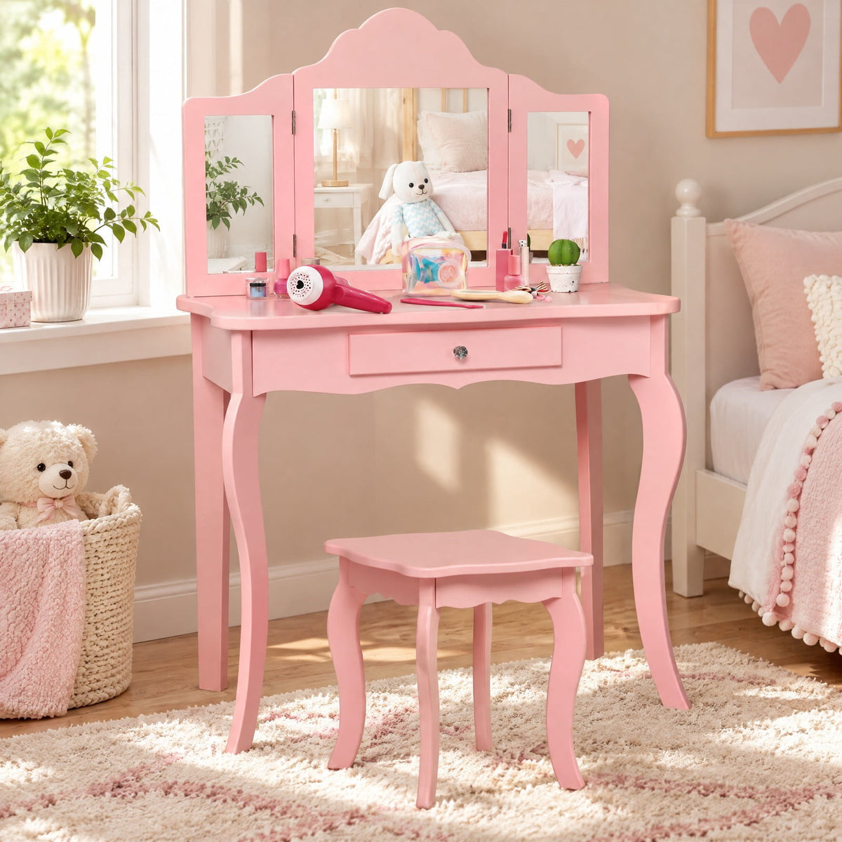 Airfind Kids Makeup Dressing Mirror Vanity Table Stool Set, 33 lbs Capacity, MDF Frame, 27.5 x 13.5 x 41 Footprint, Pink