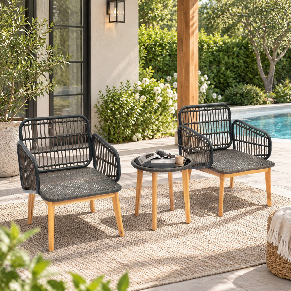 Airfind 3 Pieces Patio Furniture Set with Cushioned Chairs and Tempered Glass Side Table, 19 x 19.5 Footprint, Black