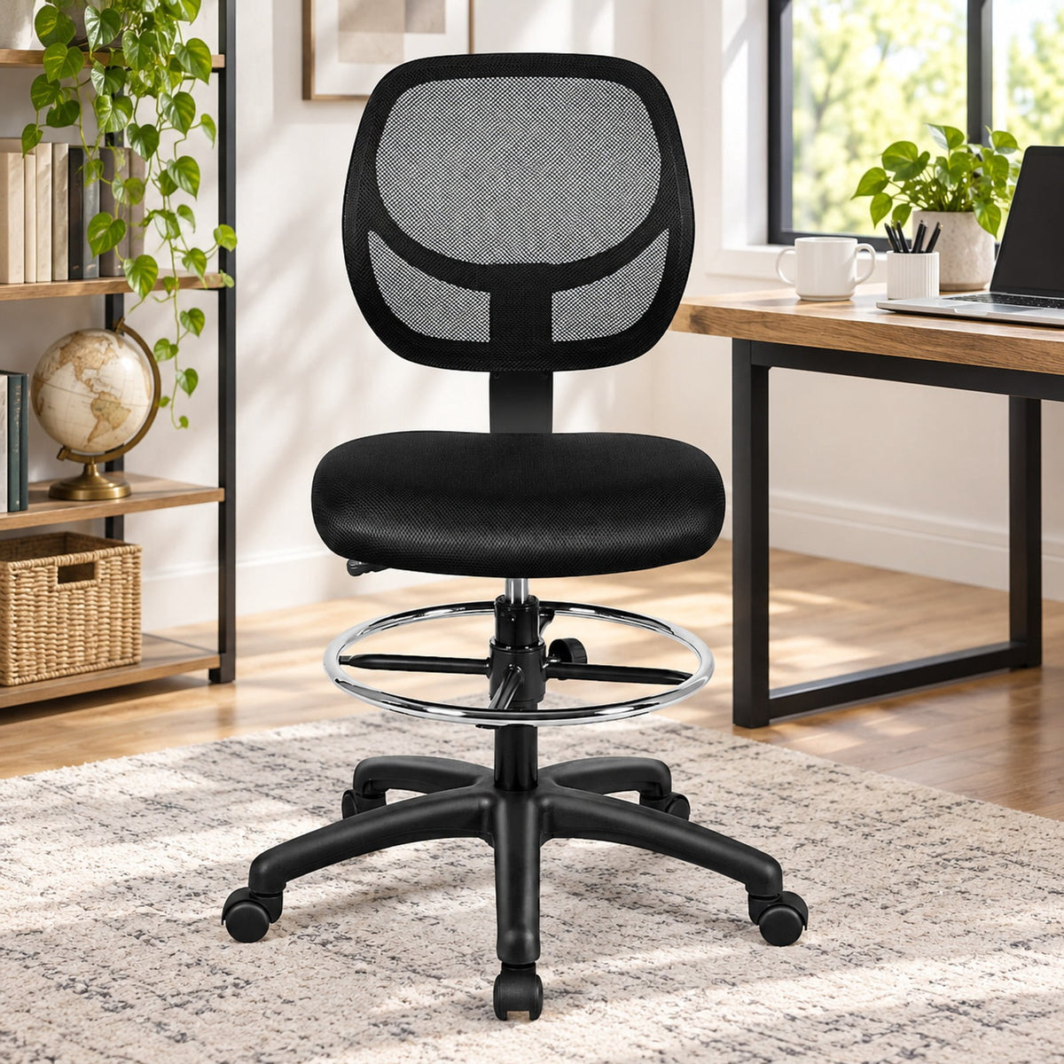 Airfind Adjustable Height Mid Back, Mesh Drafting Office Chair, 330 lbs Capacity, Mesh sponge plasticOverall Frame, BlackMain, Natural