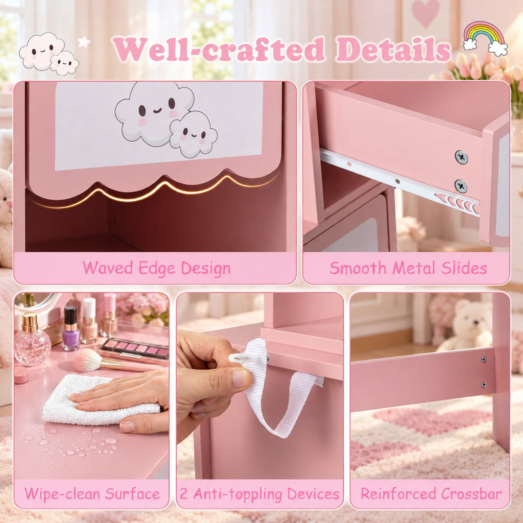 Airfind Kids Vanity Set with 360° Rotating Mirror Chair for Girls, 110 lbsChair Capacity, Engineered Wood GlassTable Frame, Pink