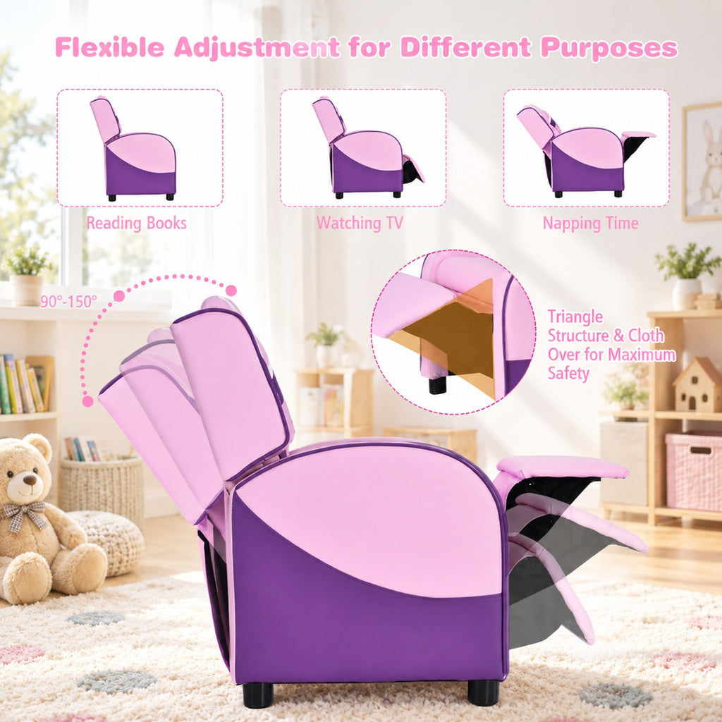 Airfind Kids Leather Recliner Chair with Side Pockets, Solid wood PU leather sponge plastic iron Frame, for 3-9 years old, Pink