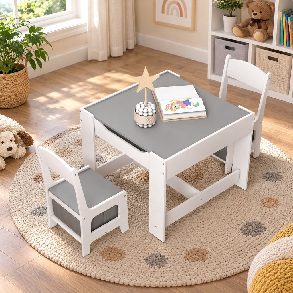 Airfind Kids Table Chairs Set With Storage Boxes Blackboard Whiteboard Drawing, P2 MDF Applicable age 3-7 Years Frame, 24.5 Inch x 24.5 Inch x 19 Inch Footprint