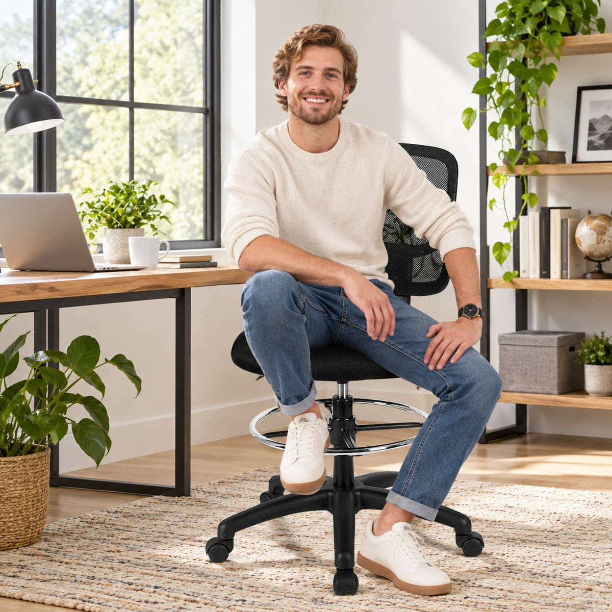 Airfind Adjustable Height Mid Back, Mesh Drafting Office Chair, 330 lbs Capacity, Mesh sponge plasticOverall Frame, BlackMain, Natural