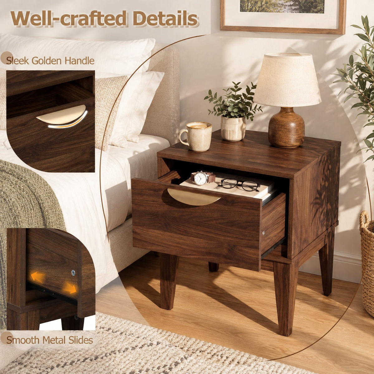Airfind Mid Century Modern Bedside Table with Drawer and Tapered Support Feet for Bedroom, 45 lbs Capacity, Engineered Wood MDF Metal Frame, Walnut