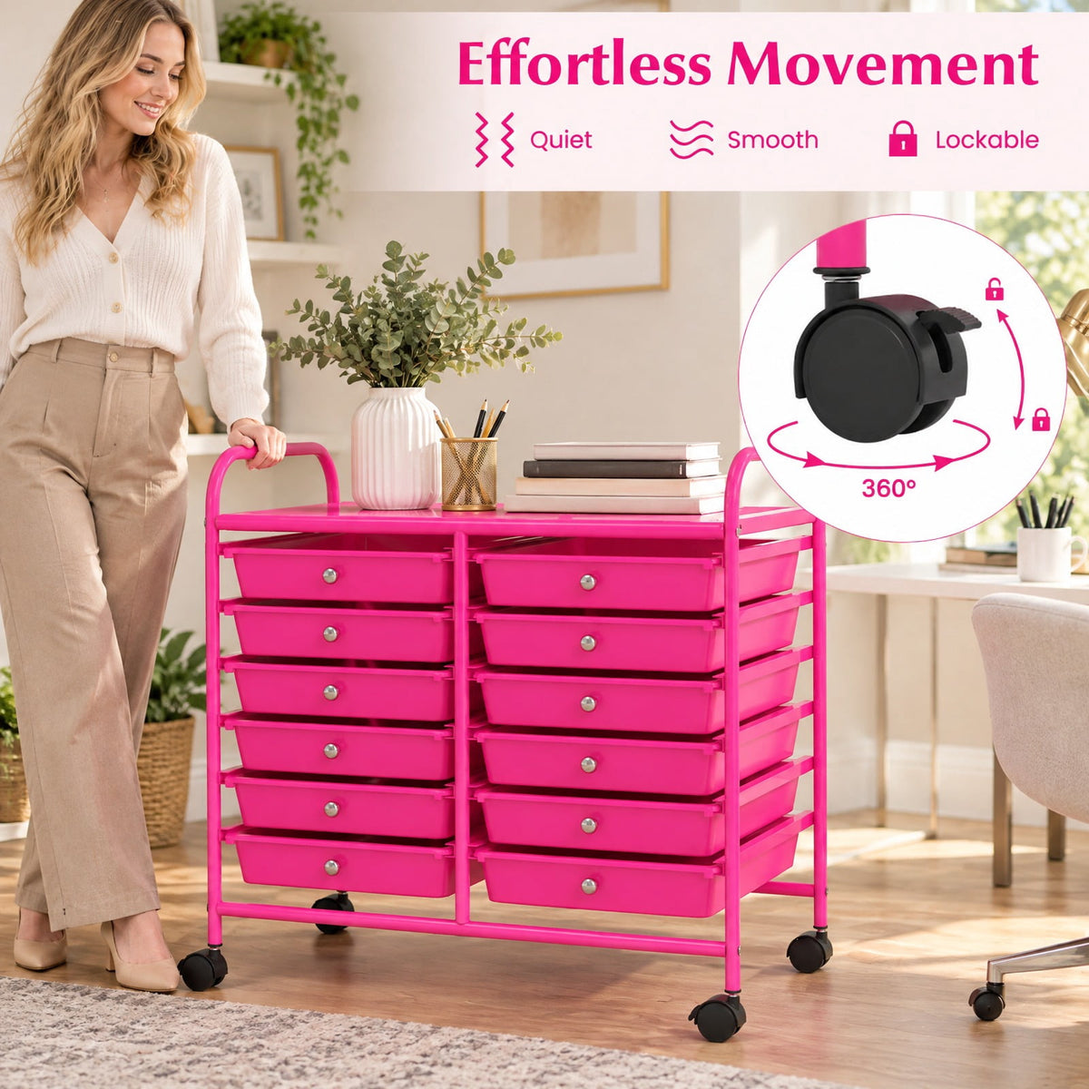 Airfind 12 Drawers Rolling Storage Cart for Home and Office, Steel Frame, 25inx15inx 34in Footprint, Pink