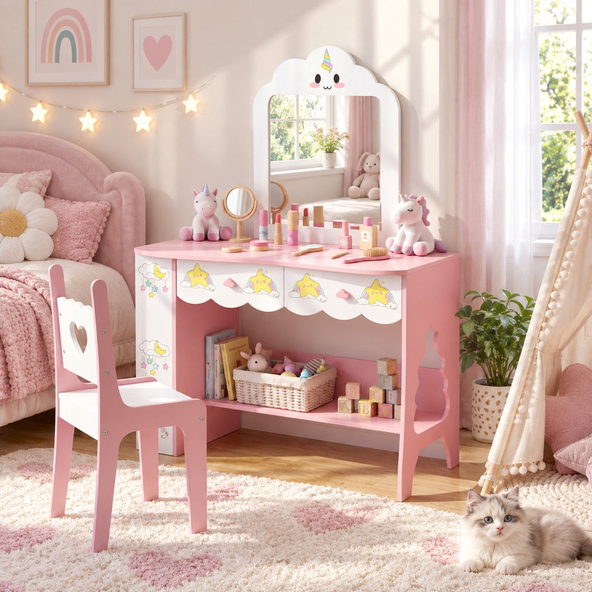 Airfind Youth Vanity Set Princess Girls Dressing Table featuring Mirror and Chair, 190 lbs Capacity, MDF Glass Frame, for 3-7 Years Old, White