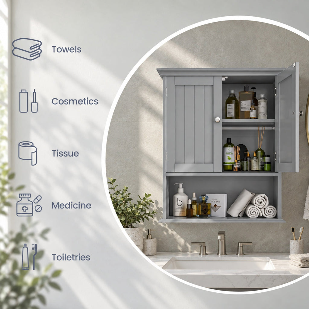 Airfind Wall Mount Bathroom Cabinet, Storage Organizer with Doors and Shelves, MDF Metal Frame, Overall dimension 23.5 Inch x 7.5 Inch x 28 Inch, Gray