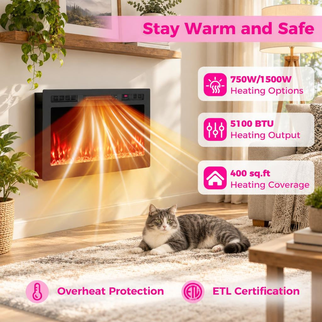 Airfind Smart WiFi Electric Fireplace Wall Mounted and Recessed 750W/1500W Heater-36 Inch, Black, Power Cord 5 ft Net Weight-36in 29.5 lbs