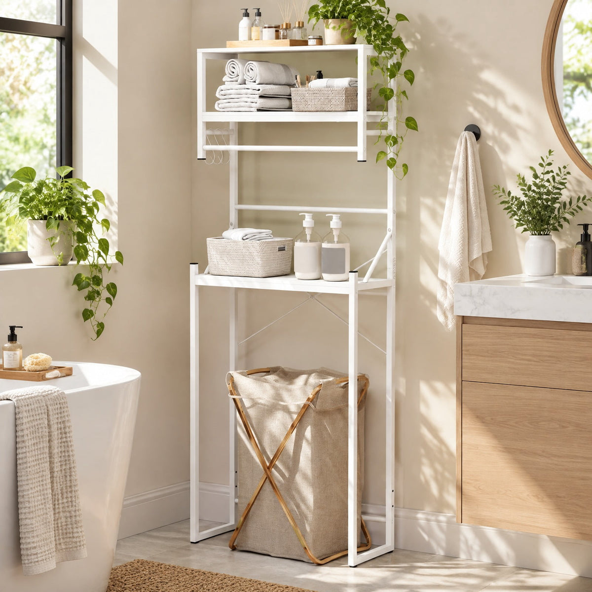 Airfind Over the Toilet Storage Rack 3-Tier Over Toilet Bathroom Organizer with Towel Holder, 110 lbs Capacity, Metal Engineered Wood Frame, White