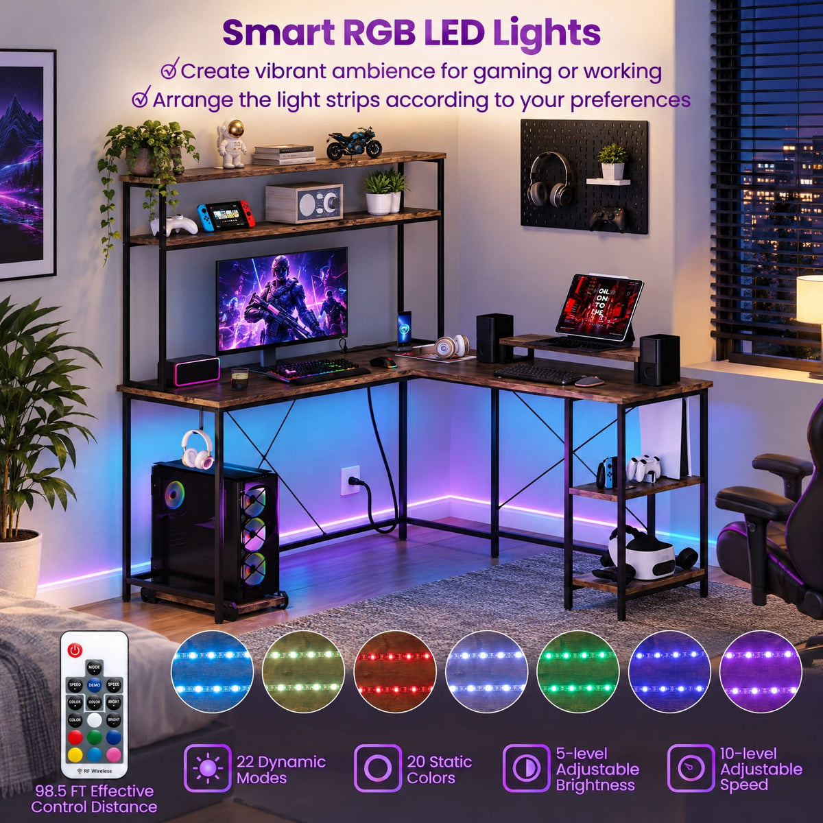 Airfind L-Shaped Reversible Gaming Desk with LED Strip and Power Outlets Hutch Monitor Stand, 310 lbs Capacity, Engineered Wood Metal Frame, Brown