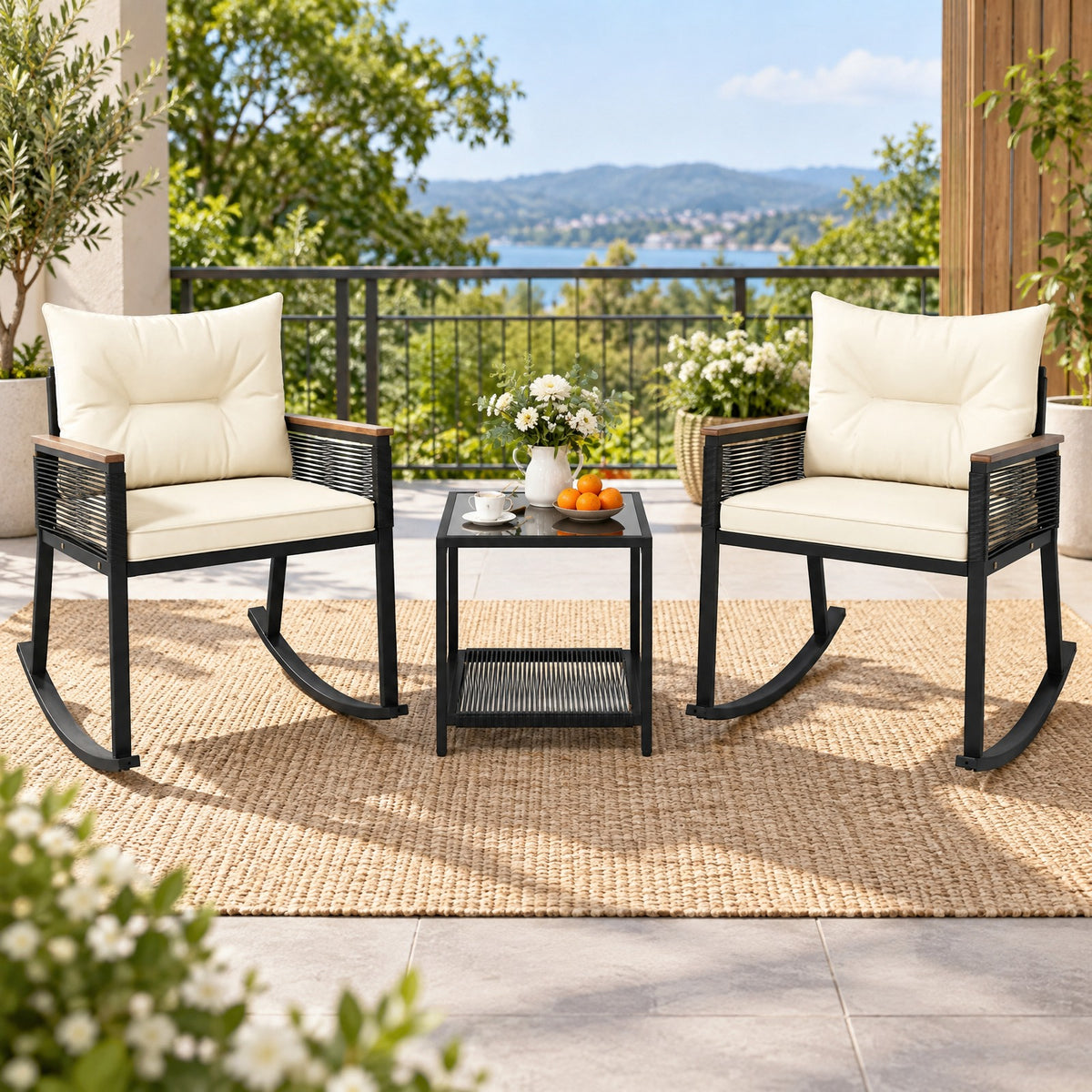 Airfind 3 Piece Outdoor PE Rattan Rocking Bistro Set with 2-Tier Coffee Table, Chair 400 lbs Capacity, 34.5 × 24.5 × 30.5 Footprint, White