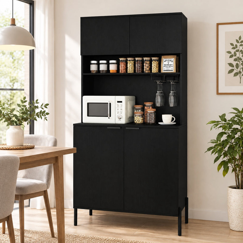 Airfind 64.5 Inches Tall Kitchen Pantry Cabinet with Charging Station and Wine Glass Rack, 90 lbs Capacity, Engineered Wood MDF Metal Frame, Black