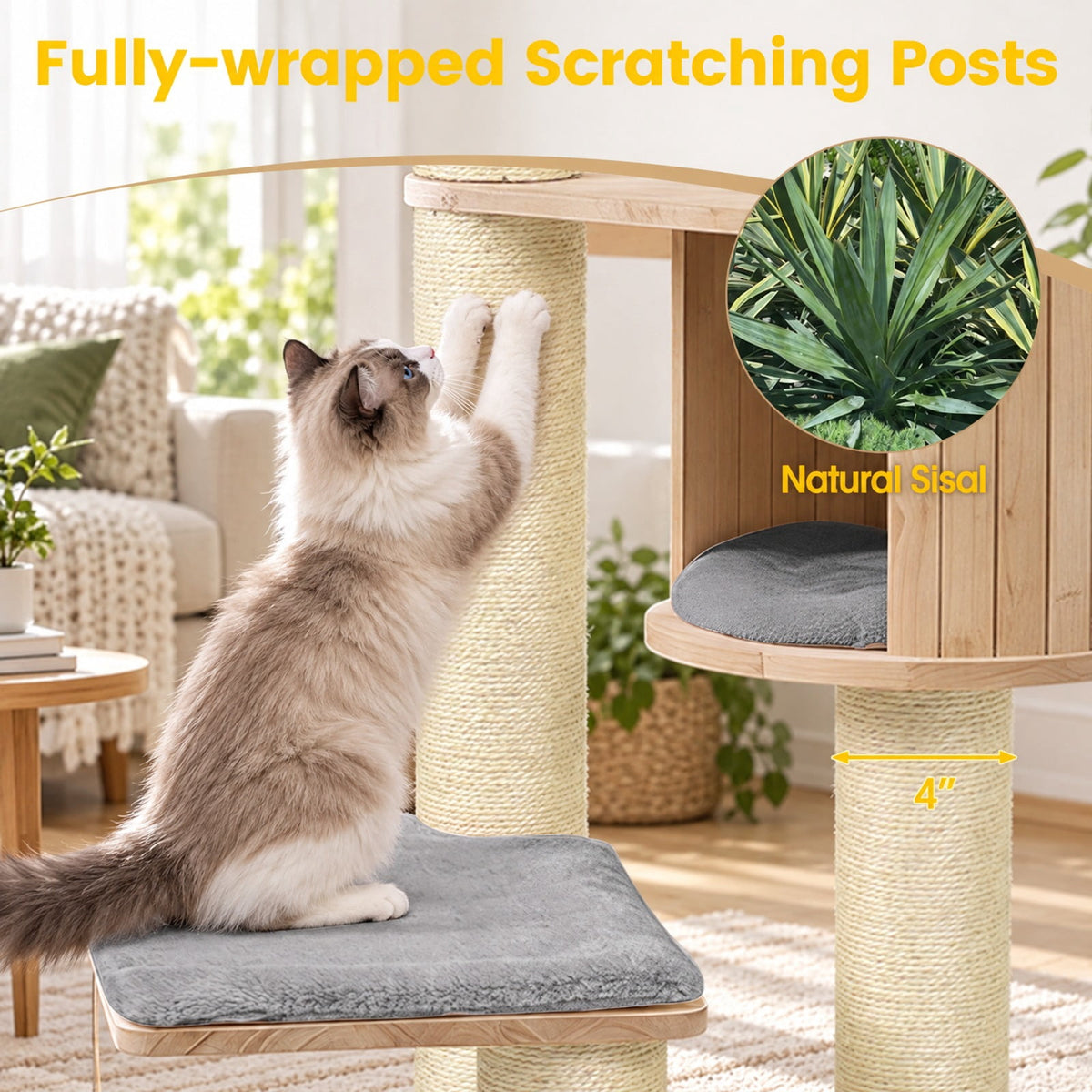 Airfind Cat Tree for Indoor Kittens with Top Perch Condo Space and 3 Hanging Feather Toys, Gray, 4 Inch sisal scratching posts for cats to claw