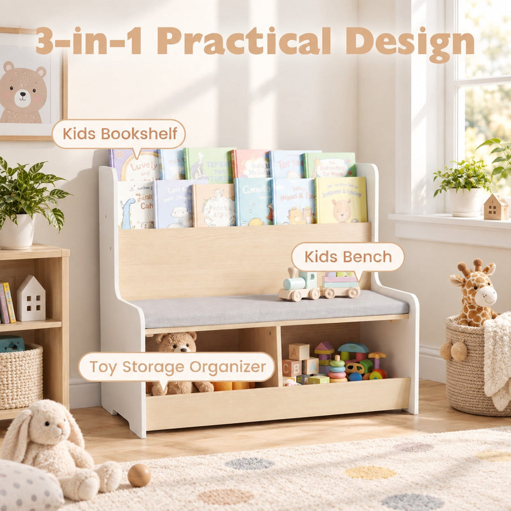 Airfind Kids Reading Nook with Bench Bookshelf and 2 Cubbies, 132 lbs Capacity, MDF Fabric Sponge Frame, White