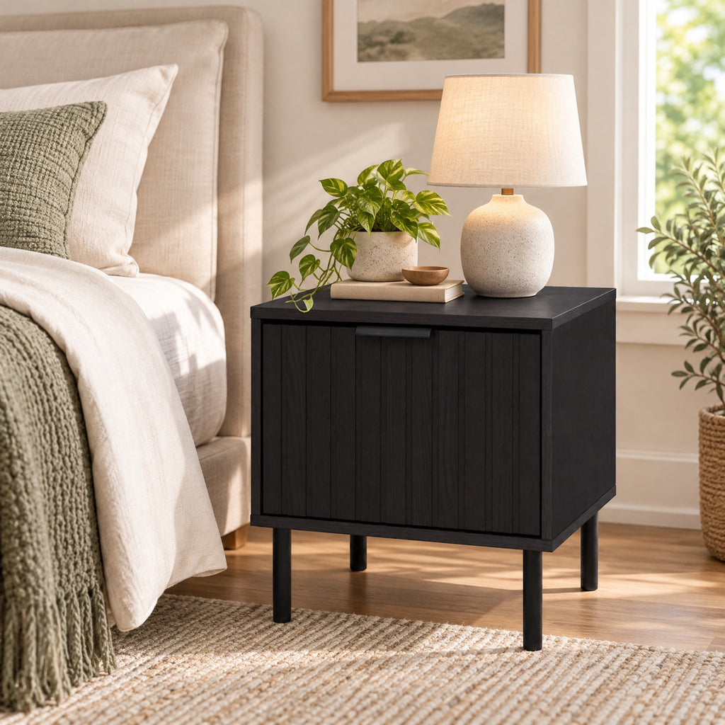 Airfind Set of 2 Black Modern Nightstand with Vertical-Striped Storage Drawer, 121lbs Capacity, Engineered Wood Metal PVC Frame, Black