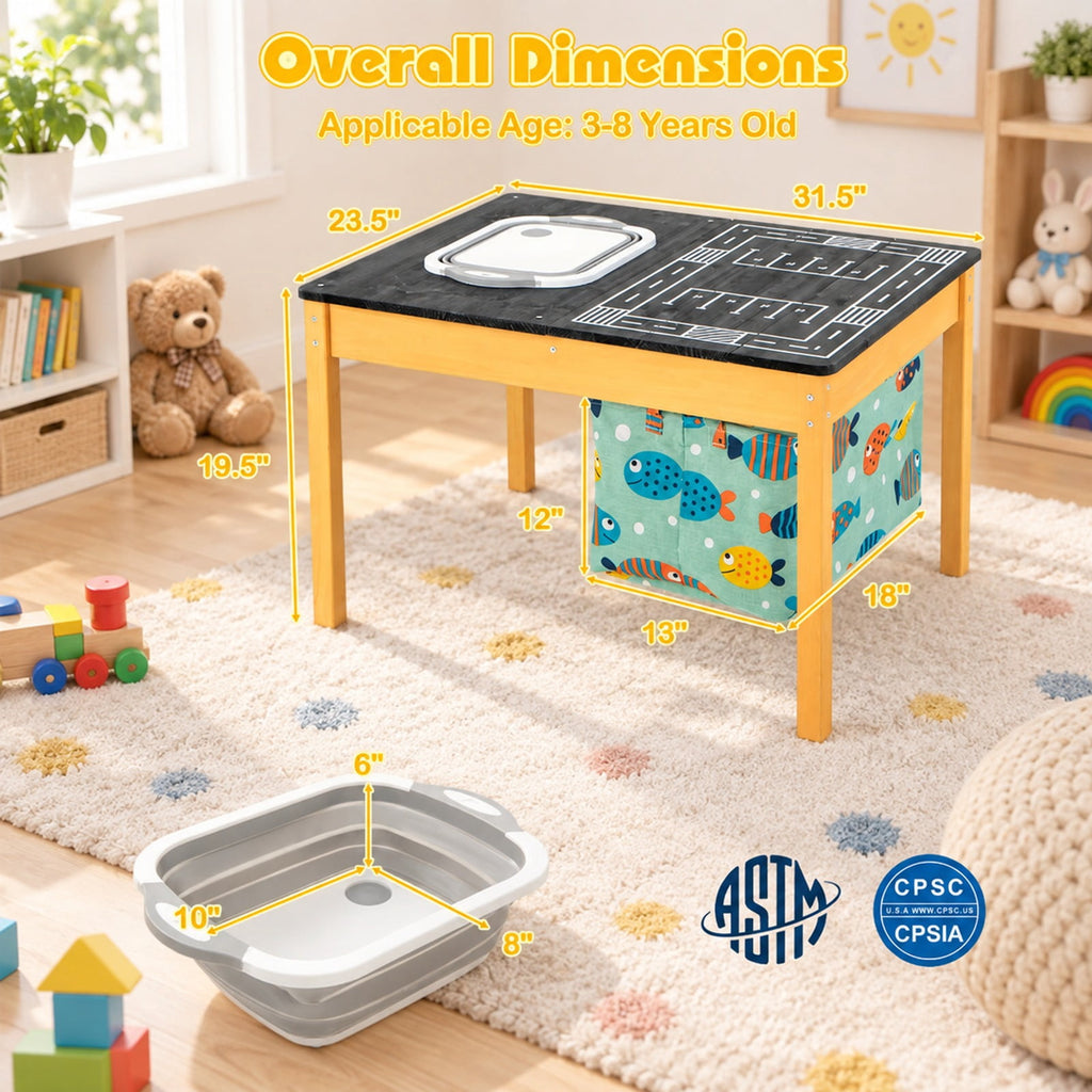 Airfind 3-in-1 Kids Sand Water Activity Table with Foldable Storage Bin, Fir Wood Fabric PP Frame, for 3-8 Years Old, Natural+Black