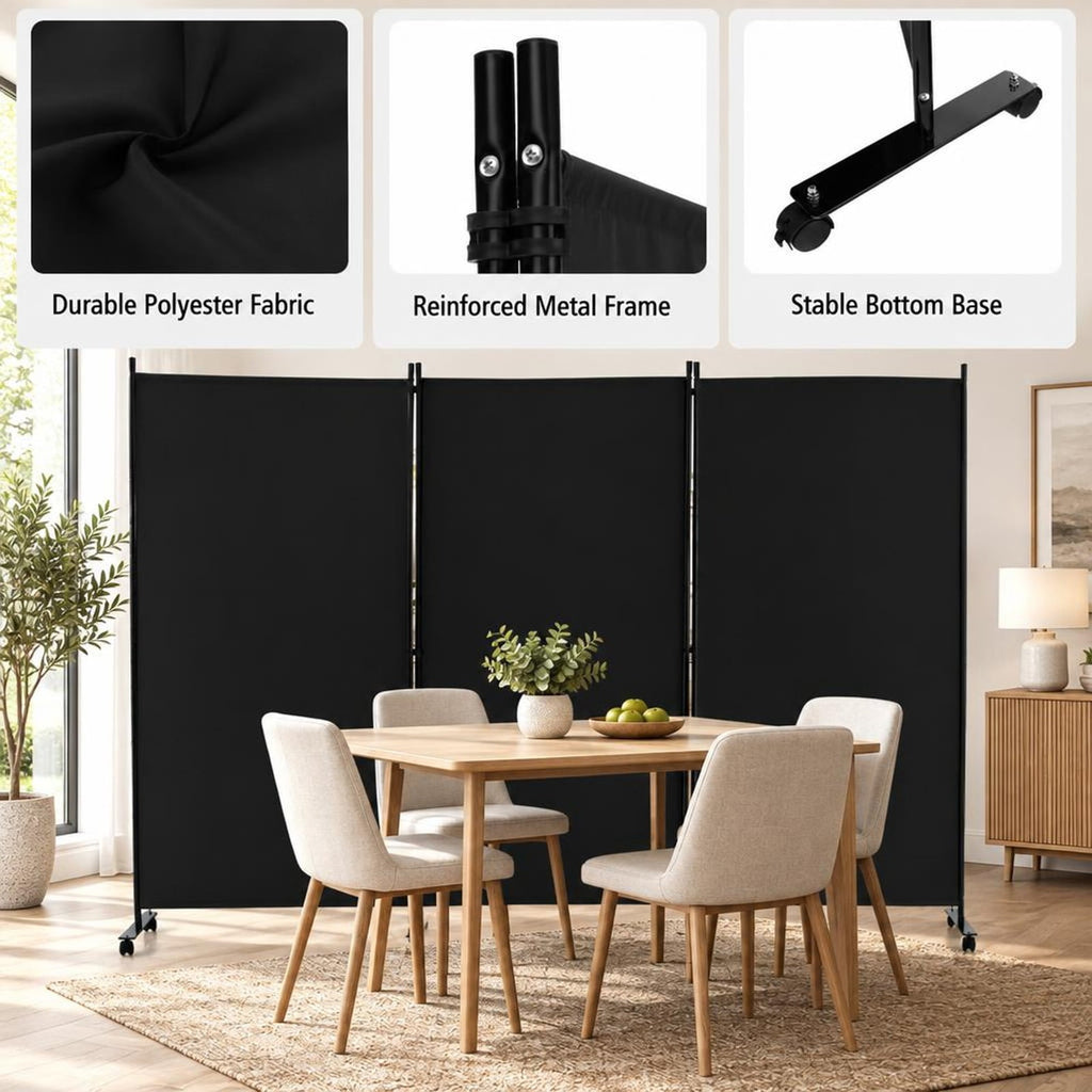 Airfind 3 Panel Folding Room Divider with Lockable Wheels, Metal Polyester Fabric Tiled Frame, 103 x 12 x 71 Footprint, Black