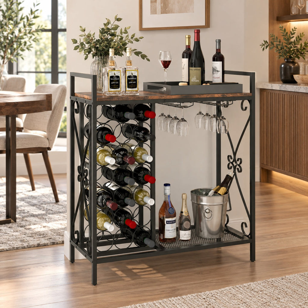 Airfind 21 Bottle Wine Rack Freestanding Floor Wine Bottle Organizer with Glass Holder, 44 lbs Capacity, Metal Engineered Wood Frame, Brown