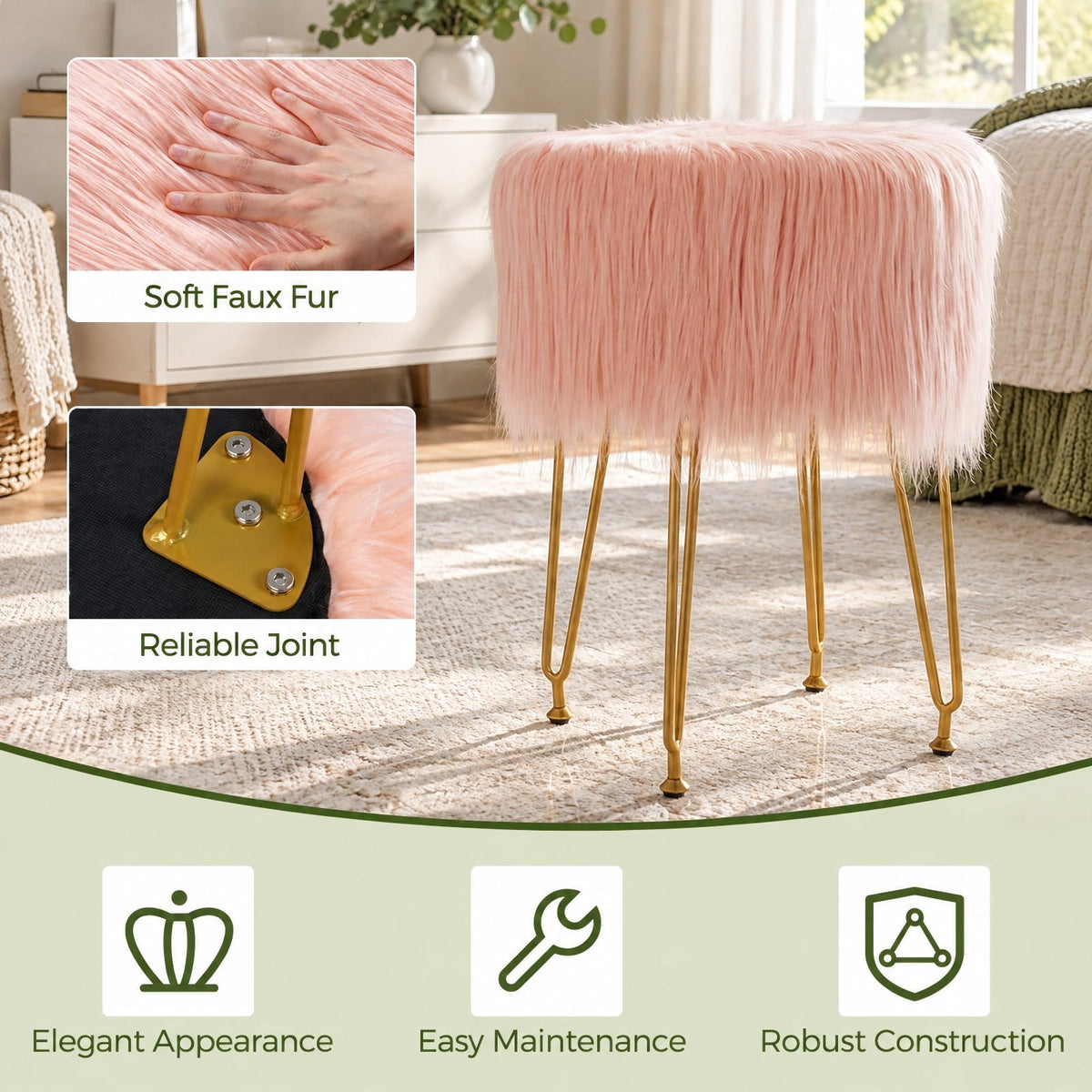 Airfind Faux Fur Vanity Stool Chair with Metal Legs for Bedroom and Living Room, 330 lbs Capacity, Faux Fur Sponge Metal MDF Plywood Frame, Pink