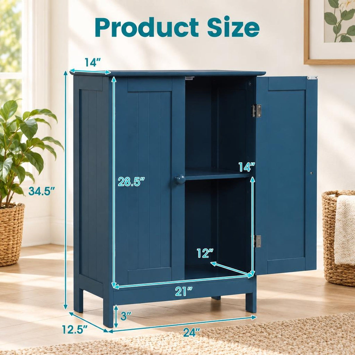 Airfind 2-Door Freestanding Wooden Bathroom Cabinet with Adjustable Shelf, 22 lbs Capacity, MDF Frame, 24in x 14in x 34.5in Footprint, Green