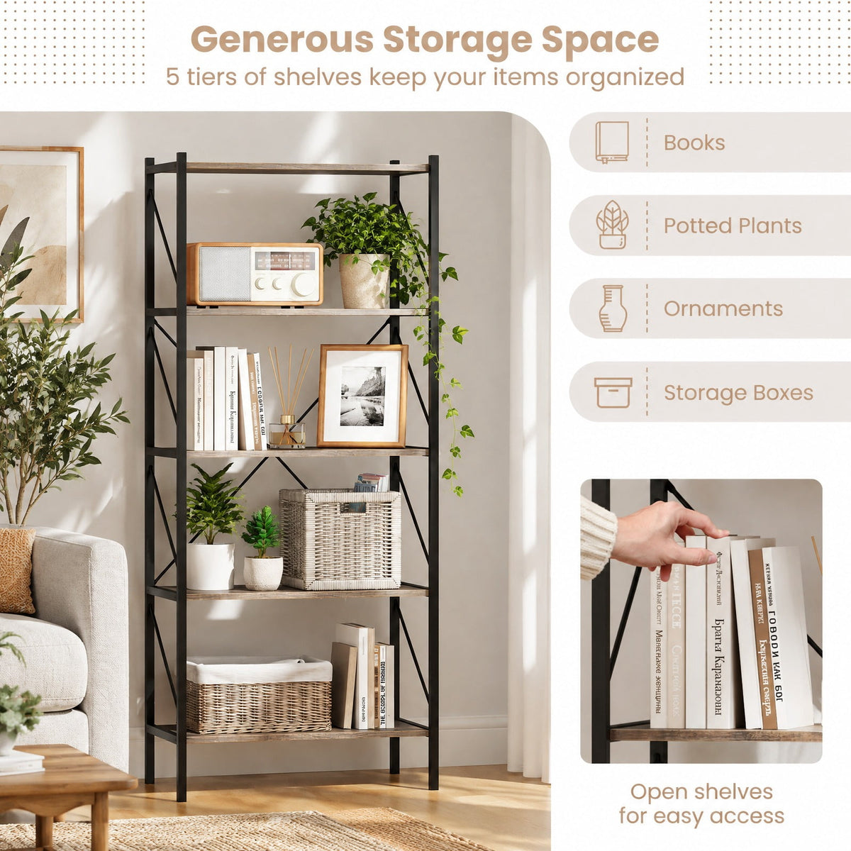 Airfind 5-Tier Bookshelf with Open Shelves and Heavy Duty Metal Frame, 220 lbs Capacity, Metal Engineered Wood Frame, Gray