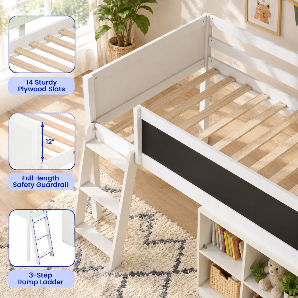 Airfind Twin Size Kids Loft Bed with LED Lights and Removable Bookcase, 350 lbs Capacity, Solid Wood Plywood Engineered Wood Frame, White