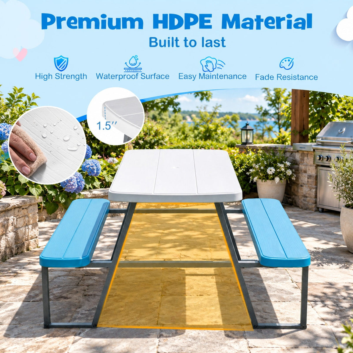 Airfind Kids Picnic Table with Benches Seats up to 4, 660 lbs Capacity, Metal Frame, for 3+ years old, 40 x 39.5 x 59 Tabletop Footprint, Blue