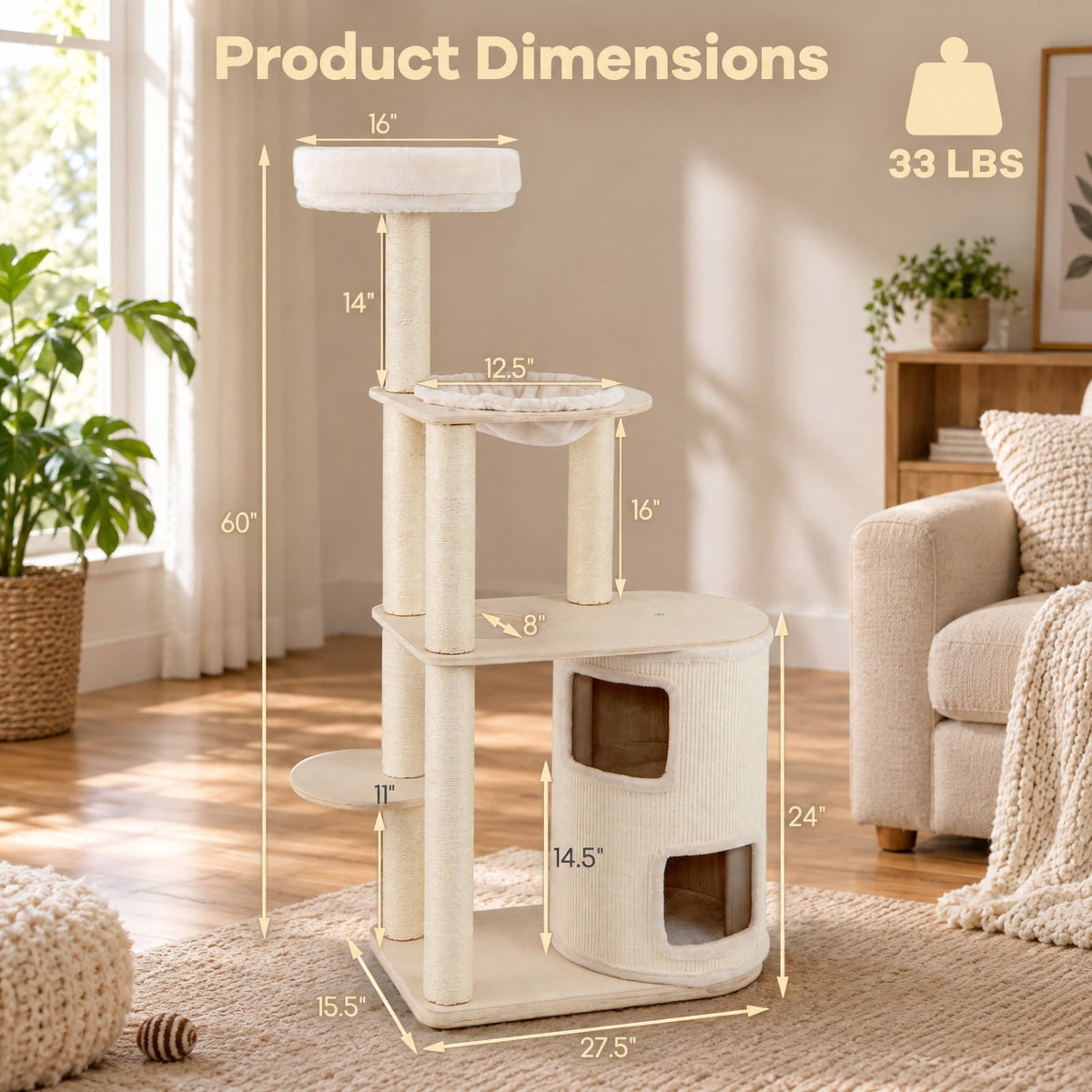 Airfind 60 Inches Tall Cat Tree with 2-Story Condo and Sisal Scratching Posts, 27.5 Inch x 15.5 Inch x 60 Inch Condo Footprint, Natural