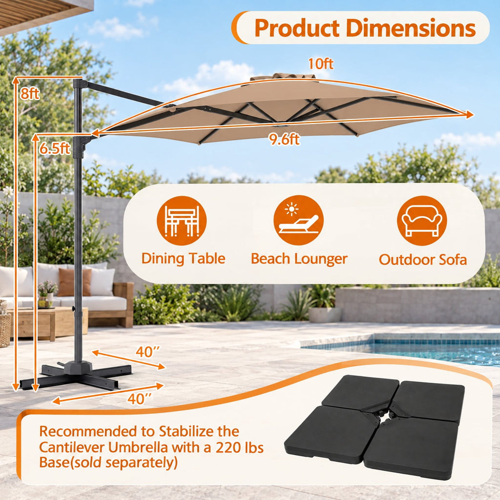 Airfind 10 FT Patio Cantilever Umbrella with 360° Rotation and Air Vent for Backyard and Poolside, Polyester Fabric Metal PP Frame, Tan